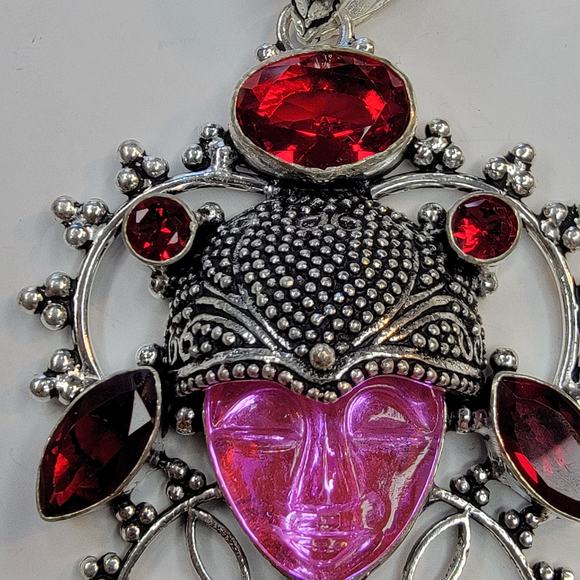 Sterling Silver Pendant with Pink Carved Face and Garnet Accents - Picture 6 of 10
